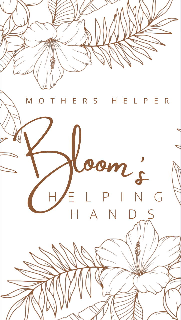Bloom’s Helping Hands logo with brown hibiscus flowers and palm leaves